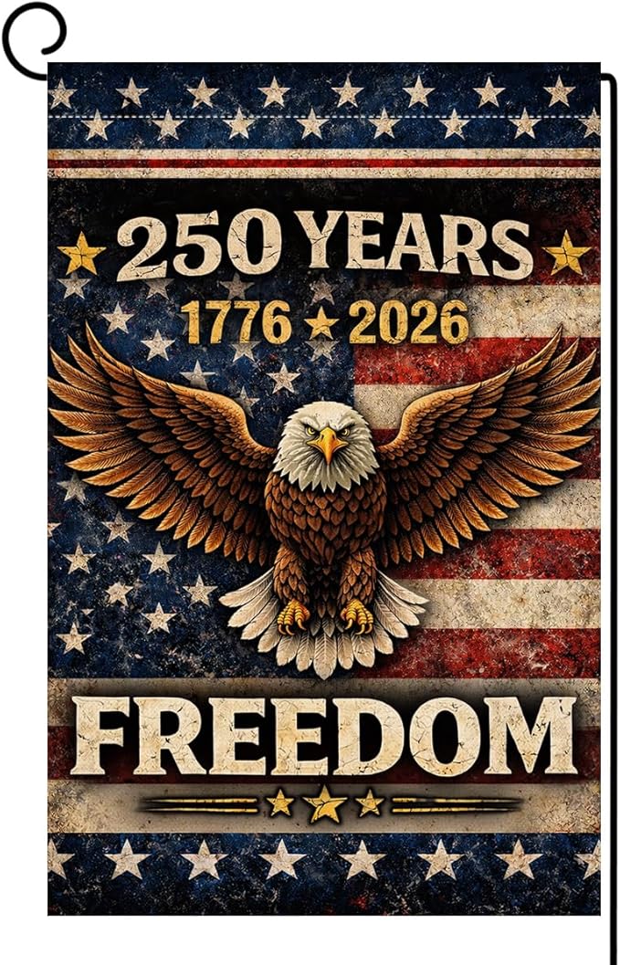 BLKWHT 250 Years America Garden Flag 12x18 Vertical Double Sided 1776-2026 USA 250th Anniversary Freedom Eagle Banner 4th of July Patriotic Outside Decorations Burlap Yard Flag BW864