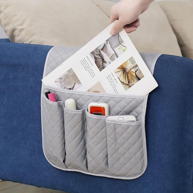 PU Leather Sofa Armrest Organizer Couch Arm Storage Bag Sofa Arm Couch Caddy Anti-Spill Armrest Remote Control and Cellphone Organizer Holder (Grey)