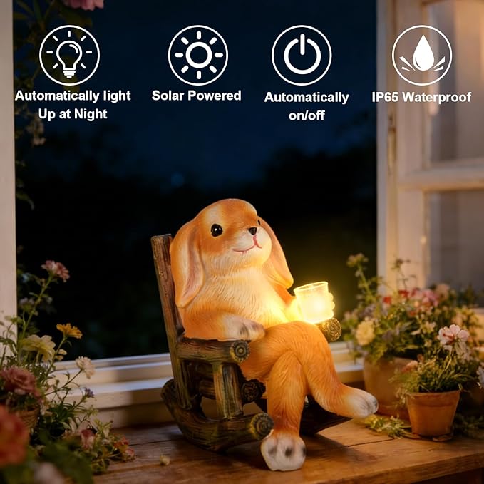 Garden Statues Dog Statue with Solar LED Light, Ideal Gifts for Friends or Family's Birthday, Outdoor Decorations for Yard, Bunny Gift for Easter
