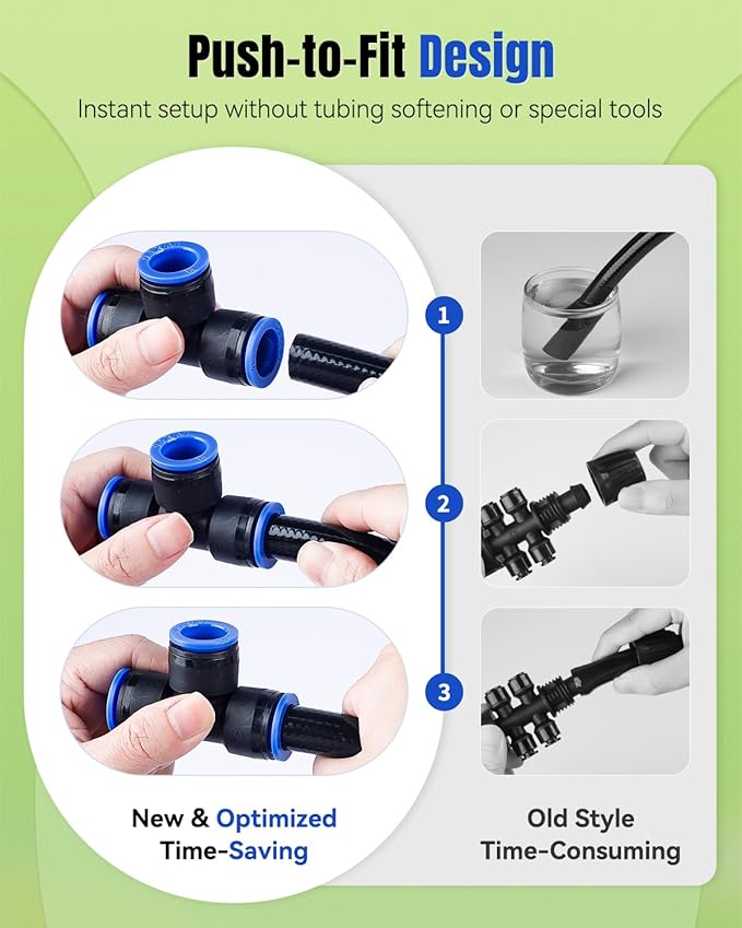 Pawfly 20 Pcs Quick Connect Drip Irrigation Fittings Kit for 1/2" Tubing (0.62-0.63" OD), Drip Line Connectors Set with 4 Tees 4 Couplings 4 Elbows 4 End Plugs 2 Shut Off Valves & 2 Faucet Adapters