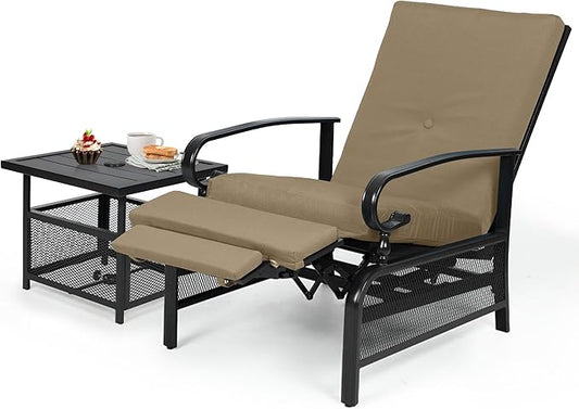 Oakcloud Adjustable Outdoor Lounge Chair Metal Patio Relaxing Recliner Chair Set with Bistro Table and Removable Cushions(Brown)