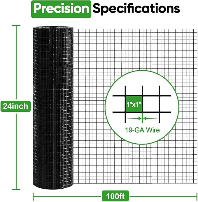 Black Hardware Cloth 24in x 100ft – 19 Gauge Vinyl Coated Steel Wire Mesh Roll, 1" Square Welded Fence for Chicken Coop, Garden Barrier, Animal Control, Outdoor Pet Enclosure, Rodent Proofing