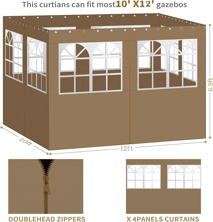 Gazebo Privacy Curtains 10' x 12' with PVC Windows, 4-Panels Side Wall with Zipper Universal Replacement for Patio, Outdoor Canopy, Garden and Backyard