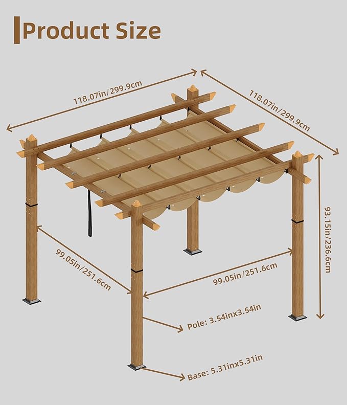 10' X 10' Outdoor Pergola with Retractable Canopy Aluminum Pergola Faux Wood Metal Pergolas Shelter for Backyard, Deck, Patio, Garden Porch Beach Sun Shade Pavilion Grape Trellis Grill, Khaki