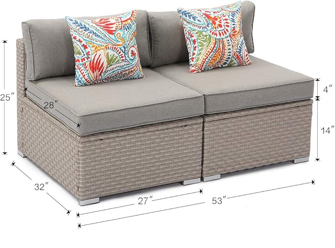 COSIEST 2-Piece Outdoor Furniture Add-on Armless Chairs for Expanding Wicker Sectional Sofa Set w Warm Gray Thick Cushions, 2 Floral Fantasy Pillows for Garden, Pool, Backyard
