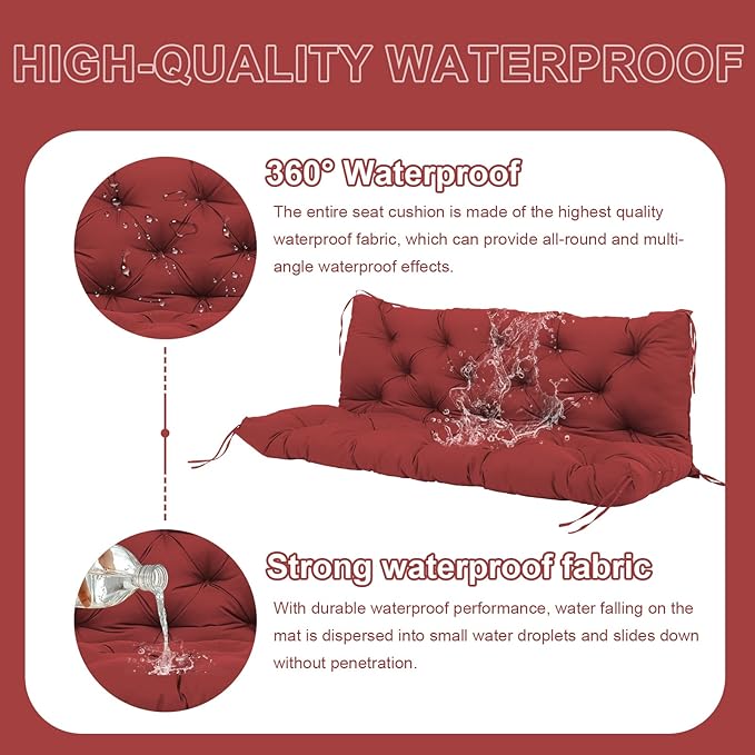 Premium 5" Thick Waterproof Outdoor Swing Cushions 3 Seater Sturdy Durable Porch Cushions 58 inch with Backrest&Ties Swing Cushions for Outdoor Furniture Backyard (Wine red, 58x40x5inches)