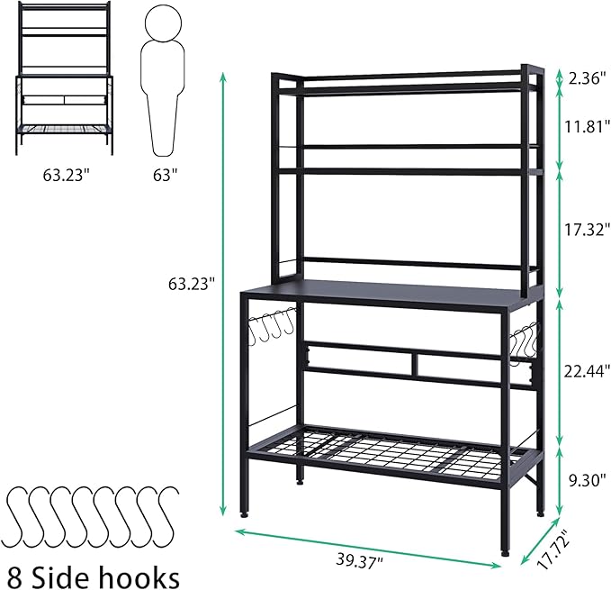 Outdoor Potting Bench Table with Storage, 63" Tall Metal Garden Workstation, 4-Tier Plant Stand Shelves with 8 Hooks, Heavy Duty All-Weather Potting Table for Patio, Backyard, Balcony, Black