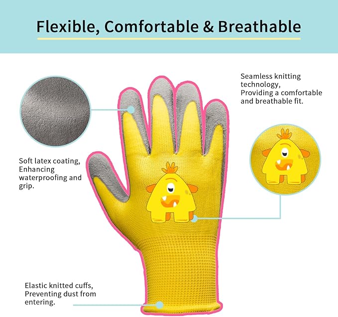 PROMEDIX P Kids Gardening Gloves – Rubber Coated Work Gloves for Children Age 6-8,Soft & Breathable for Outdoor Play & DIY