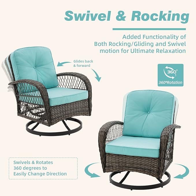 MELLCOM 3 Pieces Patio Furniture Set, Outdoor Swivel Rocker Patio Chairs, Wicker Patio Bistro Set with Rocking Chair, Thickened Cushions and Glass Coffee Table for Backyard, Garden, Blue