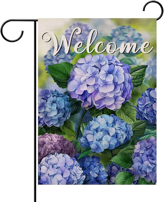Hzppyz Welcome Spring Floral Flowers Garden Flag Double Sided, Hydrangea Decorative Yard Outdoor Home Small Decor, Summer Farmhouse Burlap Outside House Decoration 12 x 18