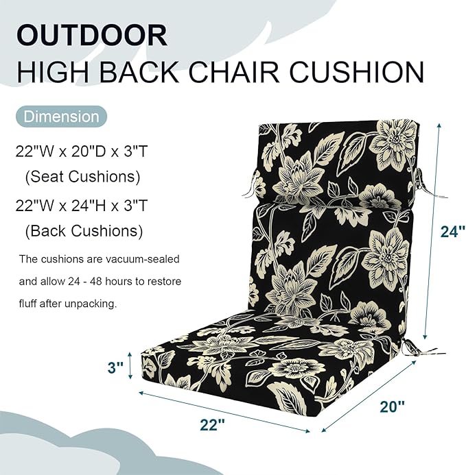 DYTXIII Outdoor High Back Chair Cushions Set of 2, 44"x22" Water Repellent Patio Seat Cushions with Elastic Sponge, All Weather Chair Pads for Rocking, Dining Chairs, Patio Furniture - Vines Black