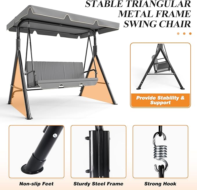 GARTOO 3-Seat Patio Swing Chair, Outdoor Porch Swing with Adjustable Canopy and Durable Steel Frame for Patio, Garden, Poolside(Grey)