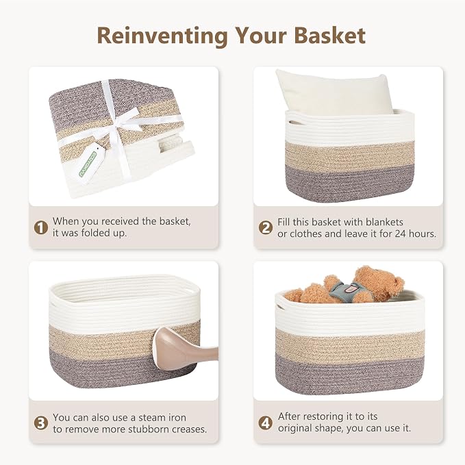 ECDYQXVU 15x10x9 Inch Woven Cotton Rope Storage Basket, 1 Pack | Foldable Design, Built-in Handles, Space-saving Organizer for Living Room, Bedroom, Laundry, Shelves, Clothes, Towels