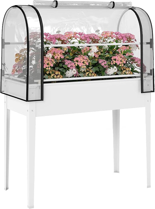 Outsunny Raised Garden Bed with Flip-Up Greenhouse Cover, Metal Elevated Garden Bed with Legs and Drainage Hole, Outdoor Raised Planter Box for Vegetables Herbs Flowers, 39.4" x 19.3" x 53.5", White