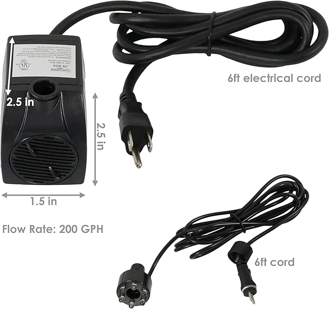 Sunnydaze 200 GPH Submersible Water Pump – 12W, 12V Small Fountain Pump with Adjustable Flow, White LED Light & Transformer for Outdoor Fountains, Bird Baths, Aquariums