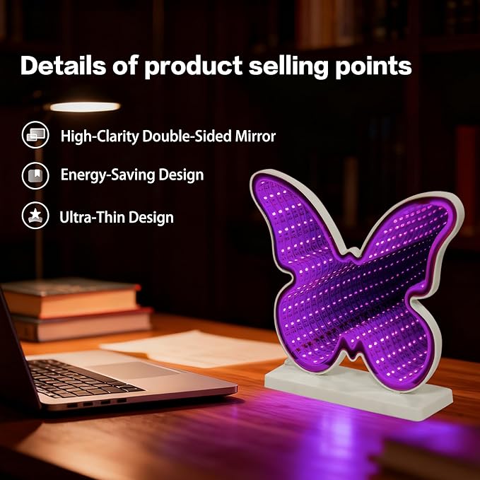 Butterfly Infinity Mirror Light, 3D LED Infinity Mirror Night Light with Endless Tunnel Effect, USB Powered 3D LED Lights for Kids Bedroom, Whimsical Garden Gift for Teens & Girls, 10.2"x7.7"