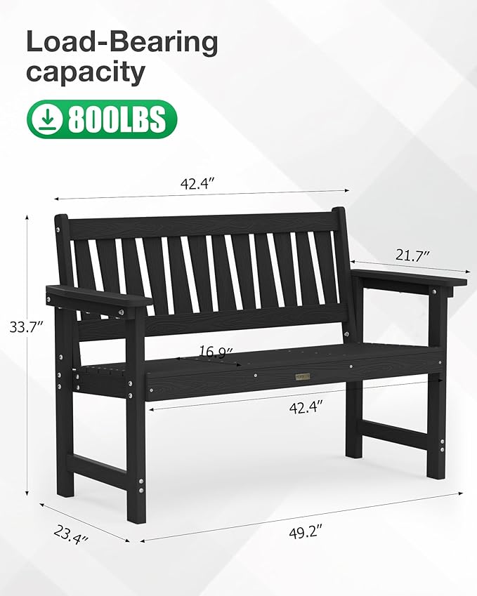 YEFU Outdoor Bench Weatherproof for Patio: 2-Person HIPS All Weather Garden Benches - Comfortable & Heavy Duty Patio Benches for Front Porch Backyard Park - Outside Furniture Bench Set of 2, Black