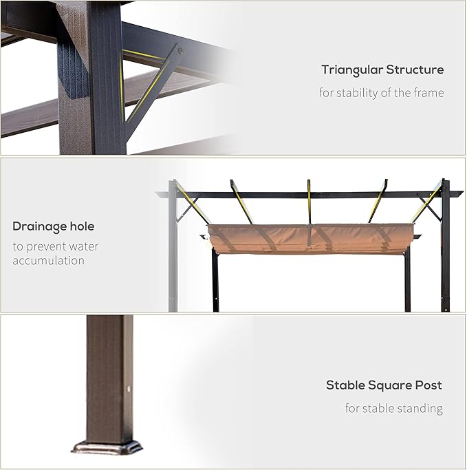 Outsunny 10' x 10' Aluminum Patio Pergola with Retractable Pergola Canopy, Backyard Shade Shelter for Porch, Outdoor Party, Garden, Grill Gazebo, Brown