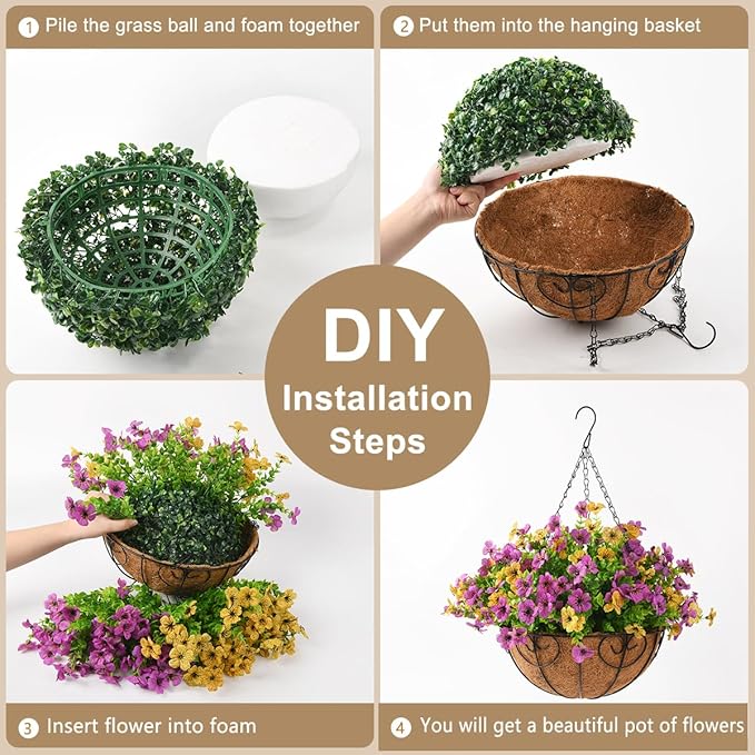 ZFProcess Artificial Faux Hanging Plants Flowers Basket for Spring Outdoor Decoration, Fake Silk Daisy in Planter Realistic UV Resistant Look Real for Porch Home Patio Balcony Yard(Purple Yellow)
