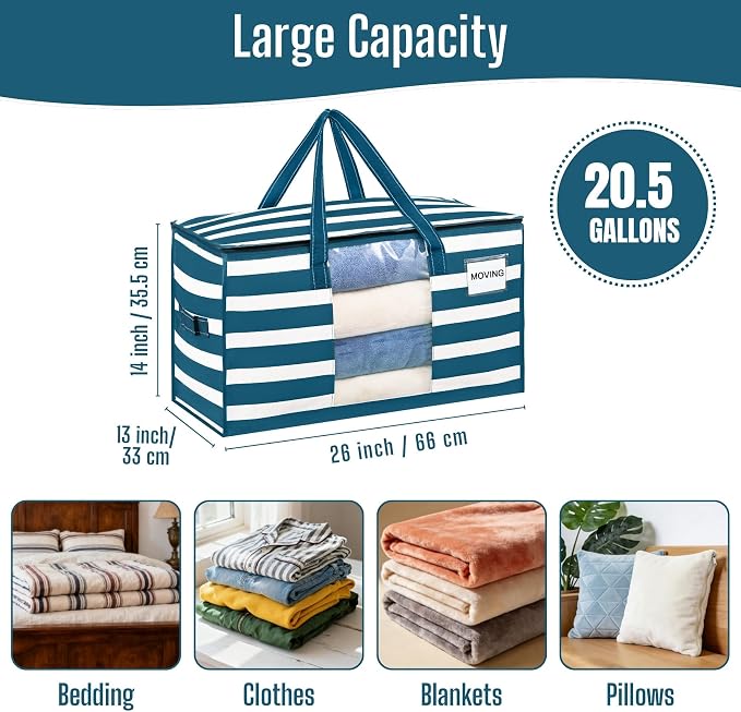 VENO Moving Bags, Wide Open Top, Clear Window, Classic Navy Stripe, 4 Pack