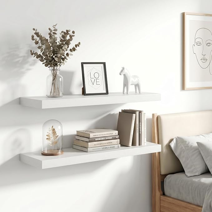 Vivelove 12 Inch Floating Shelves Wall Mounted for Display, 6.5 Deep Duty Shelves with Invisible Brackets for Living Room,Bedroom,Kitchen, Bathroom Storage & Decor,12" Wx6.5 Dx1.4 H - White