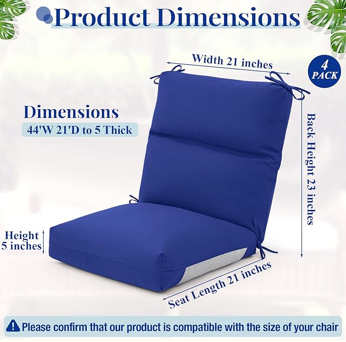 Geelin 4 Pack Outdoor/Indoor High-Back Chair Cushions 44×21 in, Stuffed Tufted Replacement Patio Chair Cushions with Ties Weather Resistant Pads for Patio Furniture (Navy Blue)