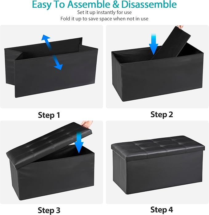 JupiterForce Ottoman Storage Bench, 30 Inches Folding Faux Leather Ottoman Foot Rest Stool, Footstool Bench w/Storage&Padded Seat for Bedroom, Entryway, Living Room, Holds up to 350lbs, Black
