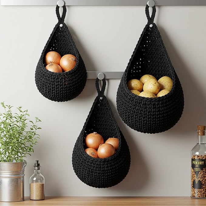 Honeydak 3 Hanging Baskets, Black, Teardrop, Cotton Rope | Wicker Wall Baskets with Hooks for Fruit Vegetable Onion Storage, Teardrop Organizer for Kitchen, Boho Farmhouse Decor