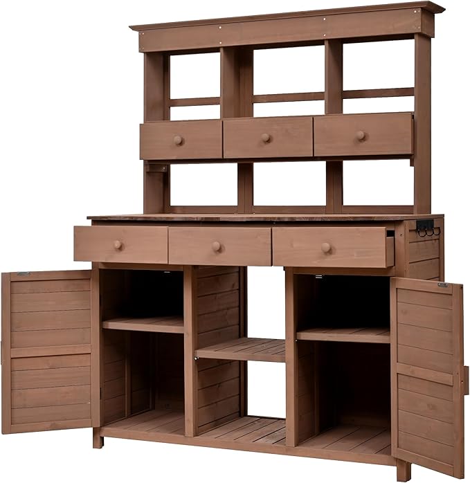 RUNNA 65.7'' H Tall Garden Potting Bench Table with Hutch,Patio Storage Workstation with 3 Shelves,6 Drawers,2 Bottom Cabinets&Side Hooks for Mudroom,Doorway (Brown@024, 65.7)