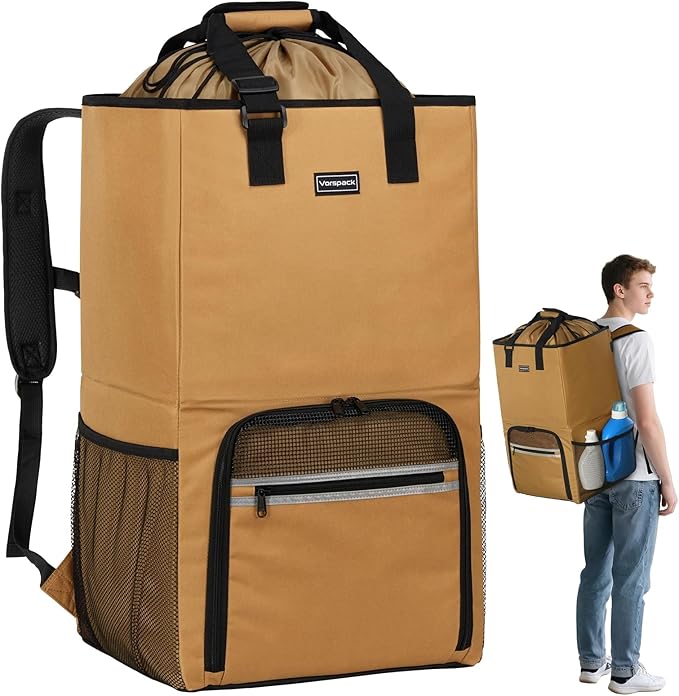 Vorspack Laundry Backpack with Shoulder Straps, Extra Large Hamper, Kahki | Heavy Duty 2 in 1 Laundry Basket, Structured Square Base, Portable Hamper for College Dorm Camp Laundromat Apartment Travel