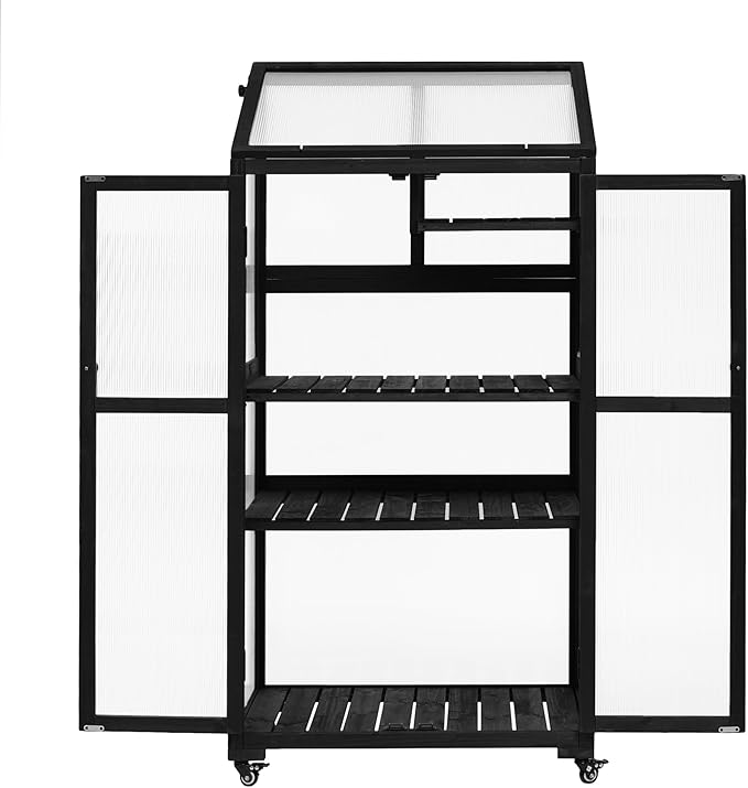 RUNNA 62inch Height Wood Large Greenhouse Balcony Portable Cold Frame with Wheels and Adjustable Shelves for Outdoor Indoor Use (Black-023, 1)