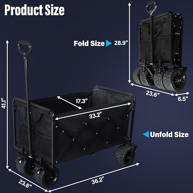 Collapsible Wagon Cart, 650lbs Capacity 300L Folding Utility Wagon with All-Terrain Wheels & Brakes, Heavy Duty Foldable Beach Cart for Groceries, Camping, Sports, Shopping – Black