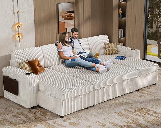 Vipbear 108" Modular Sectional Sleeper Sofa with Pull Out Bed, 4 Seat Plush Corduroy U Shaped Couch with USB Ports|Cup Holders|Side Table|Storage Chaise Armrests, Tool Free Assembly, Beige