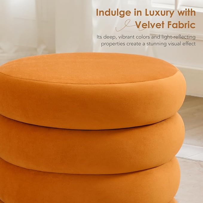 Flouki 19.5" Storage Ottoman Round, Vanity Stools for Bedroom, Entryway Ottoman for Console Table, Ottoman Stool for Girls Women, Foot Stool for Living Room, Set of 2, Velvet Orange