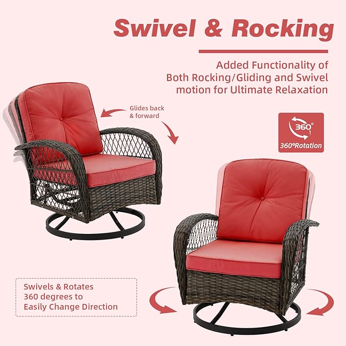 MELLCOM 3 Pieces Outdoor Swivel Rocker Patio Chairs, 360 Degree Rotation and Gliding Patio Furniture Set with Thickened Cushions and Glass Coffee Table for Backyard, Garden, Wine Red