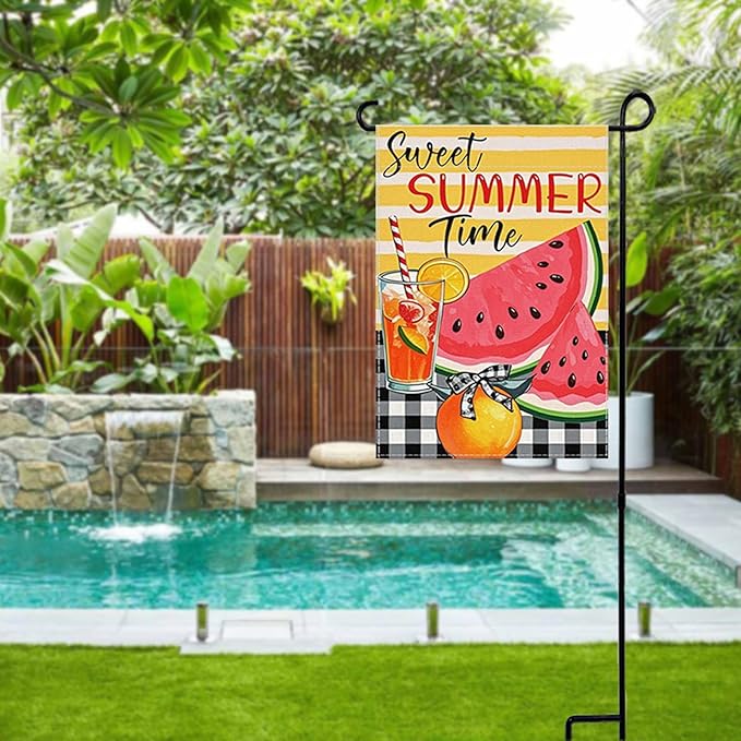 Sweet Summer Time Garden Flag Watermelon Buffalo Plaid 12x18 Inch Welcome Small Flags for Outside, Fruit Double Sided Burlap Juice Lemon Holiday Seasonal Banner Farmhouse Outdoor Yard Decoration
