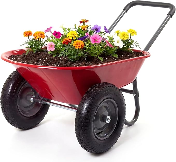 Garvee Wheelbarrow Garden Cart, Heavy Duty Home Utility, Dual-Wheel Home Garden Yard Utility Wheelbarrow Cart with Built-in Stand, (Red)