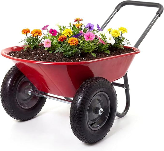 Garvee Wheelbarrow Garden Cart, Heavy Duty Home Utility, Dual-Wheel Home Garden Yard Utility Wheelbarrow Cart with Built-in Stand, (Red)