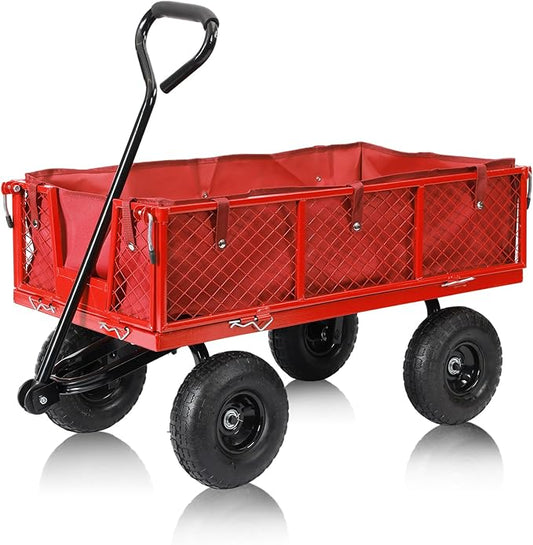SUNNYFEEL 500 Lbs Capacity Heavy Duty Mesh Steel Garden Cart,Folding Utility Wagon with Removable Side Nets, Non-Slip Rubber Base, Red,Upgraded Version