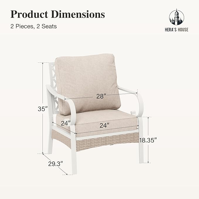 HERA'S HOUSE Patio Chairs Set of 2, High Back Outdoor Metal Frame Chairs with Cushions, All Weather Outdoor Patio Furniture for Lawn Garden Backyard Deck, Beige