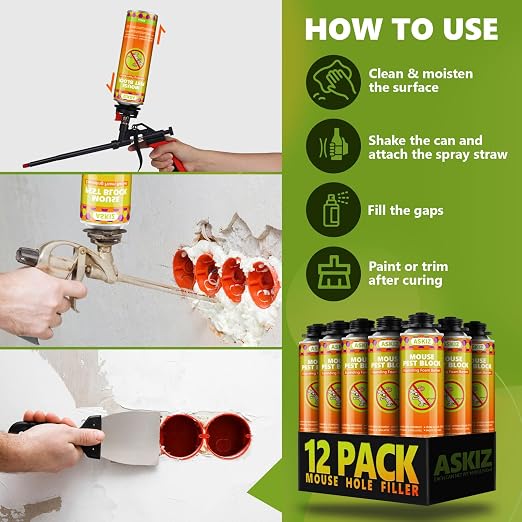 ASKIZ Rodent Block Spray Foam (12x16.9 oz) Mouse Hole Filler Barrier to Keep Mice from Entering the Home, Wall Gap Filler Expanding Foam Sealant Insulation, Keeps Insects & Rodents Away