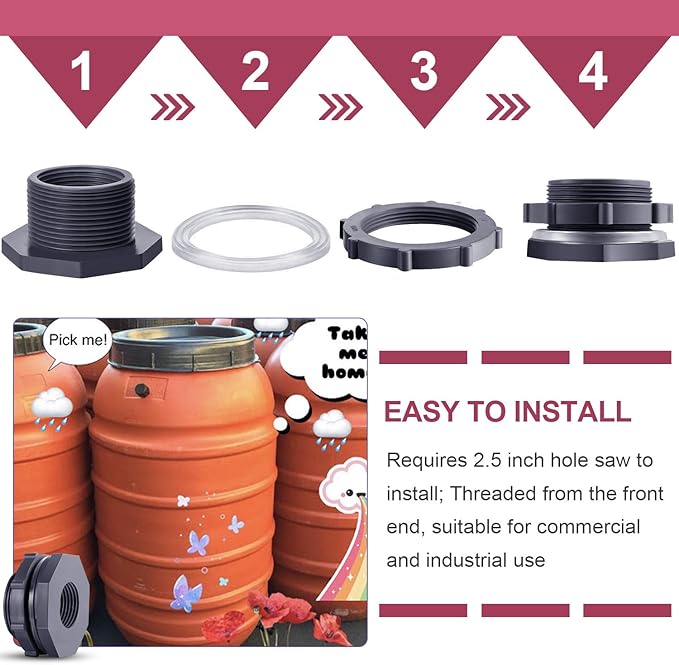Outus 2 Pieces 1.5 Inch PVC Bulkhead Fitting for Rain Barrels, Aquariums, Water Barrel, Water Tanks, Bucket, Ponds, Pools