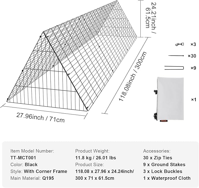 VEVOR Chicken Tunnels for Yard, Metal Poultry Playpen for Outside with Waterproof Cover & Corner Frames, 118.1 x 28 x 24.2 inch (LxWxH), Easy to Setup, Also Widely Used for Ducks, Rabbits, Geese Coop