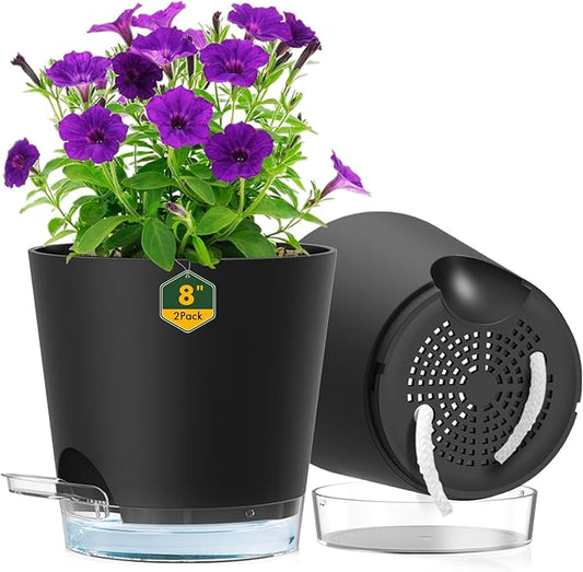 Meowell 8 inch Self Watering Pots for Indoor Outdoor Plants, 2 Pack Flower Plant Pots with Drainage Holes & Clear Reservoir for Visible Water Level, Plastic Wicking Planters for House Plants, Black