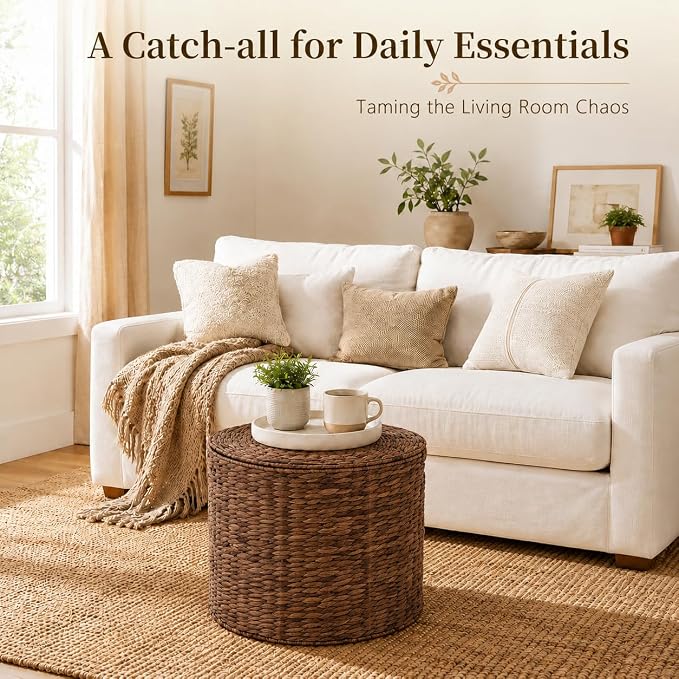 Round Water Hyacinth Storage Ottoman with Lid