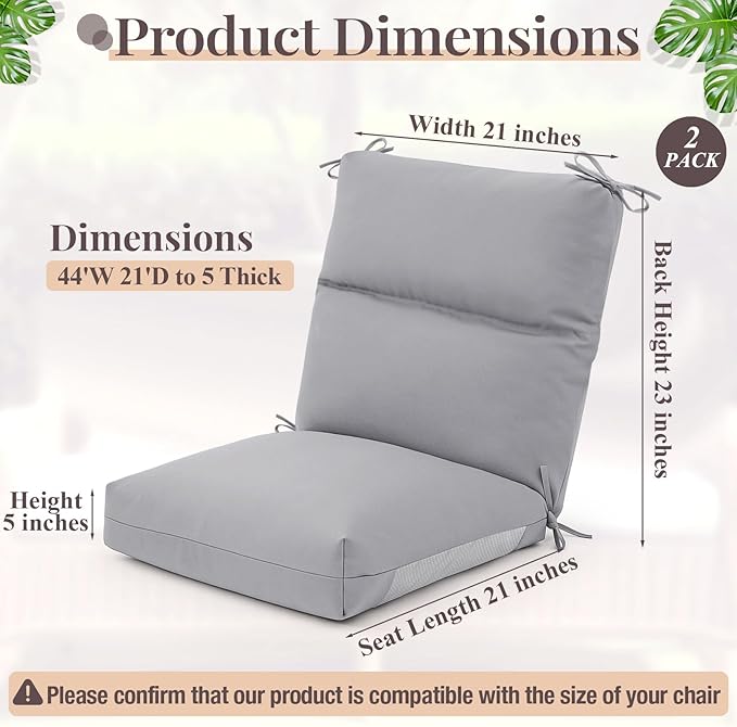 Geelin 2 Pack Outdoor/Indoor High-Back Chair Cushions 44×21 in, Stuffed Tufted Replacement Patio Chair Cushions with Ties Weather Resistant Pads for Patio Furniture (Light Gray)