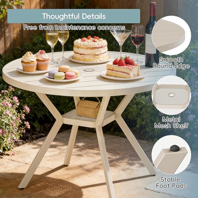 42" Outdoor Patio Table Dining Table, All Weather Metal Round Patio Table with Adjustable Umbrella Hole, Patio Furniture for Lawn Garden Backyard, Sandshell