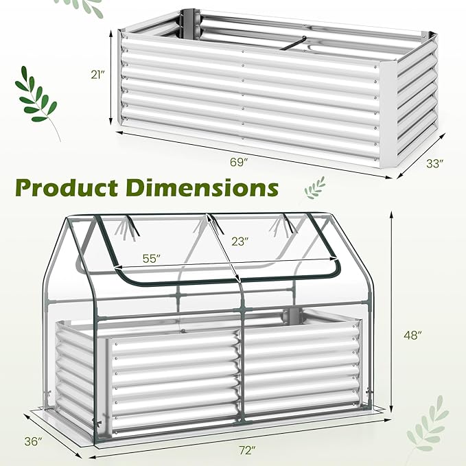 S AFSTAR 3-in-1 Raised Garden Bed with Greenhouse Cover, 6FT x 3FT x 4FT Galvanized Bottomless Planter Box Kit with Dual Roll-Up Screen Windows, Outdoor Mini Greenhouse for Vegetables (Silver & Clear)