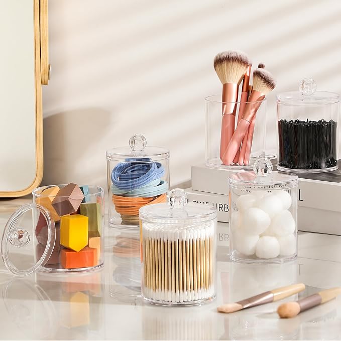 3 Pack Acrylic Qtip Holder Dispenser for Cotton Swabs, Balls, Floss Picks | Thick, Highly Clear, w/ Labels - Small Canister Apothecary Jar Set, Bathroom Decor Essentials, Shelf Vanity Storage Organizer