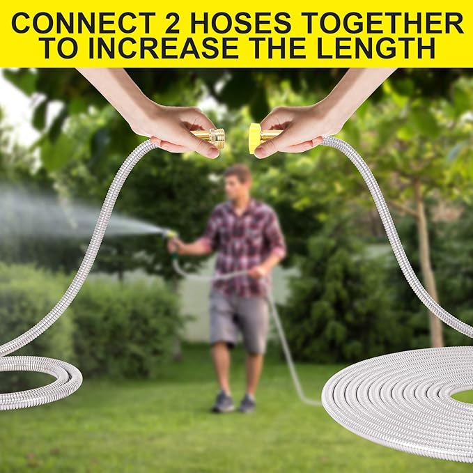 FOXEASE Metal Garden Hose 100FT - Stainless Steel Heavy Duty Water Hose with Solid Metal Nozzle & 8 Function Sprayer, Portable & Lightweight Kink Free Yard Hose, Outdoor Hose